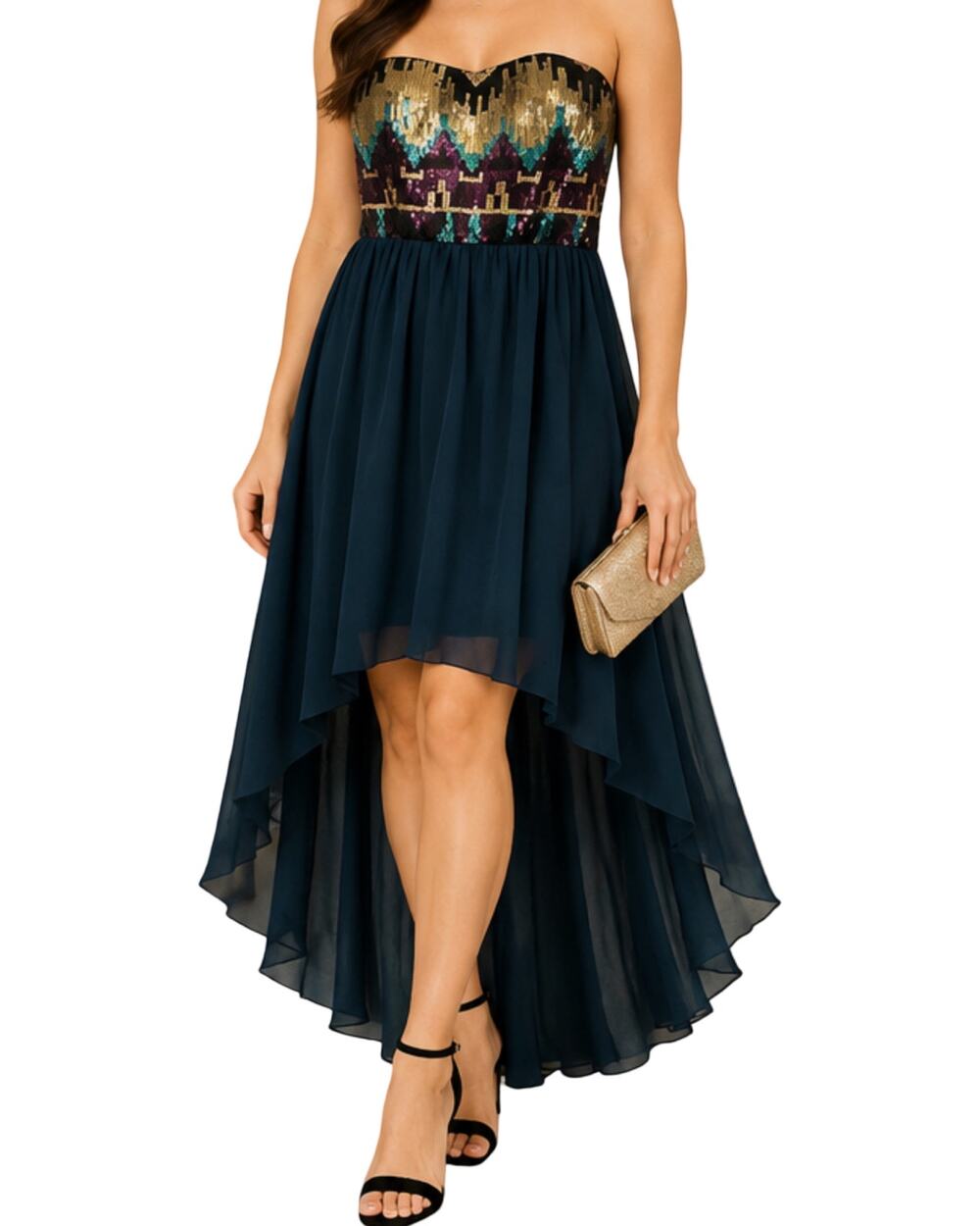 As U Wish Dress Womens Size 9 High Low Chiffon Metallic Aztec Cocktail Wedding